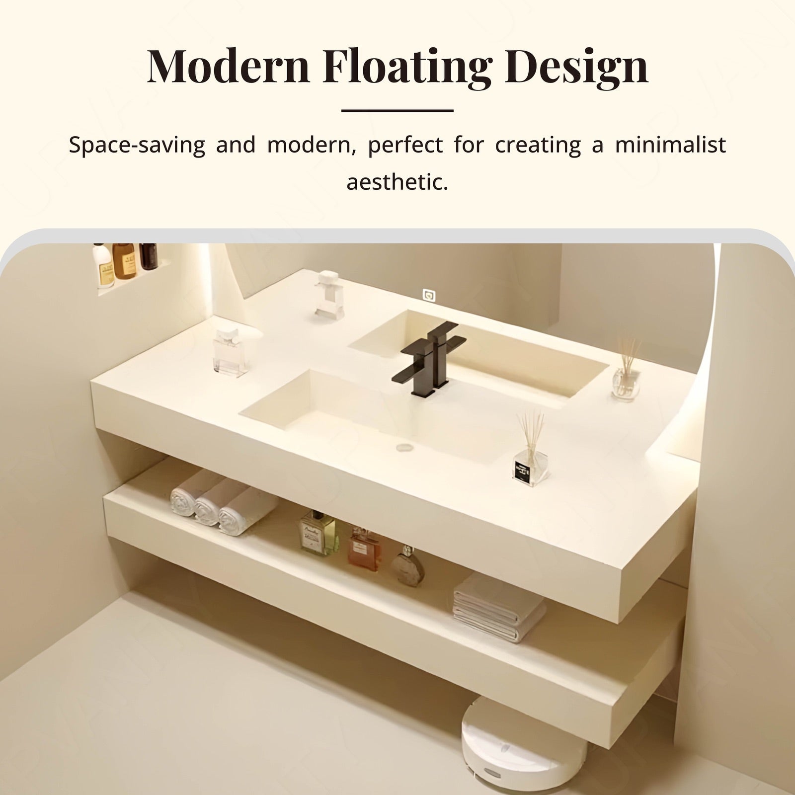 Modern Bath Vanity Set, White, Open Storage, 40"- 64", Single, Floating, Round Smart LED Mirror