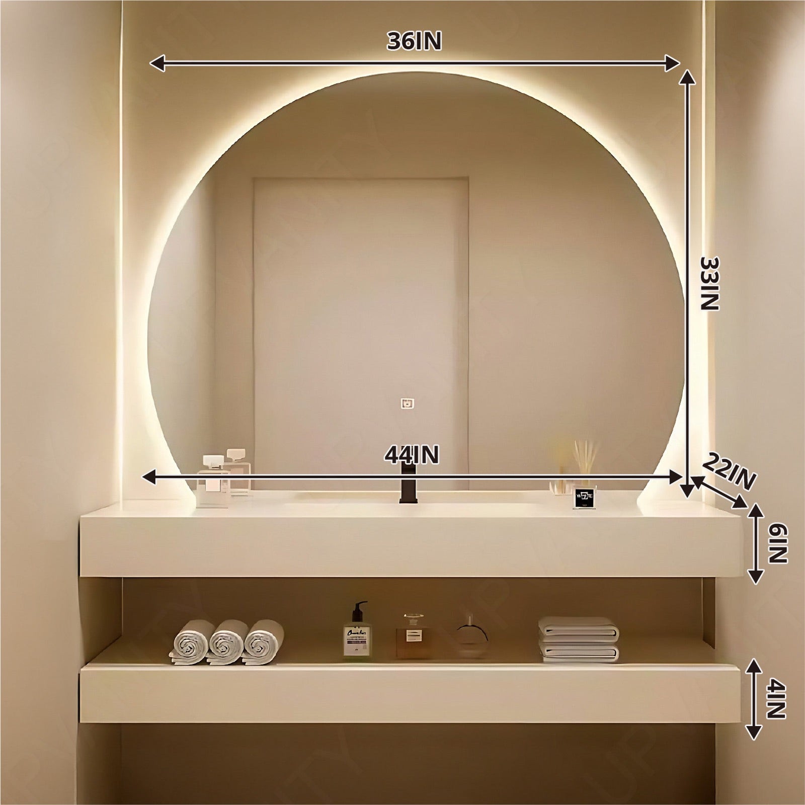 Modern Bath Vanity Set, White, Open Storage, 40"- 64", Single, Floating, Round Smart LED Mirror