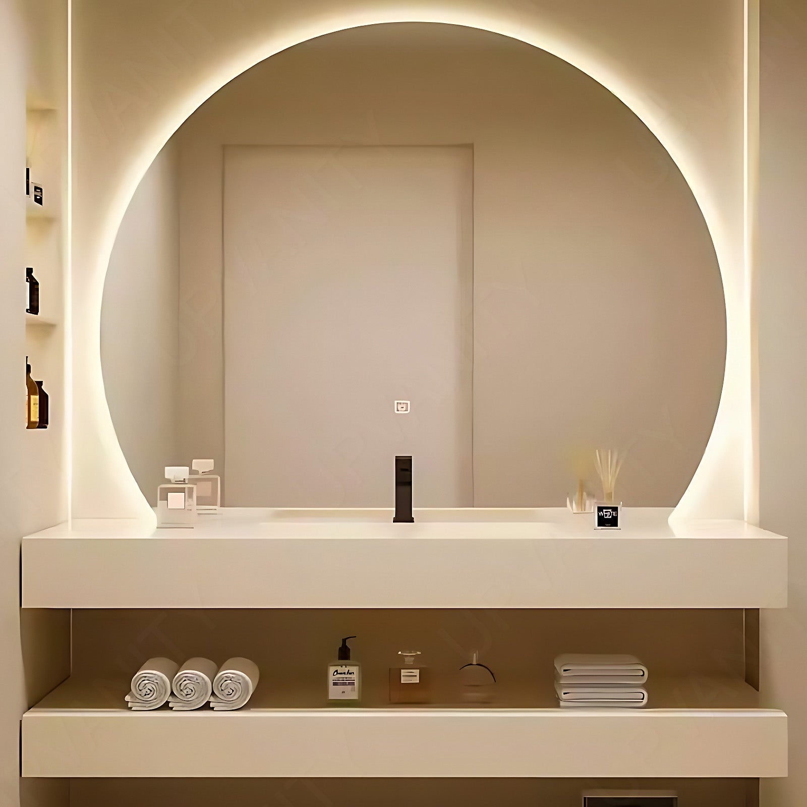 Modern Bath Vanity Set, White, Open Storage, 40"- 64", Single, Floating, Round Smart LED Mirror