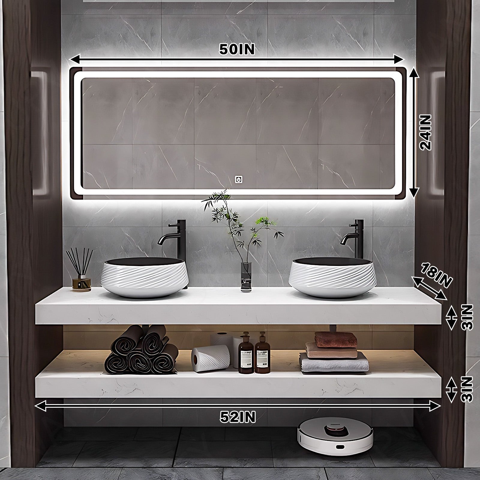 Modern Bath Vanity Set, White, Open Storage, 52"- 78", Double Vessel Sink, Floating, Smart LED Mirror