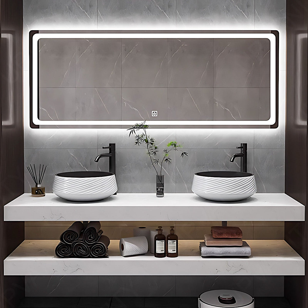 Modern Bath Vanity Set, White, Open Storage, 52"- 78", Double Vessel Sink, Floating, Smart LED Mirror