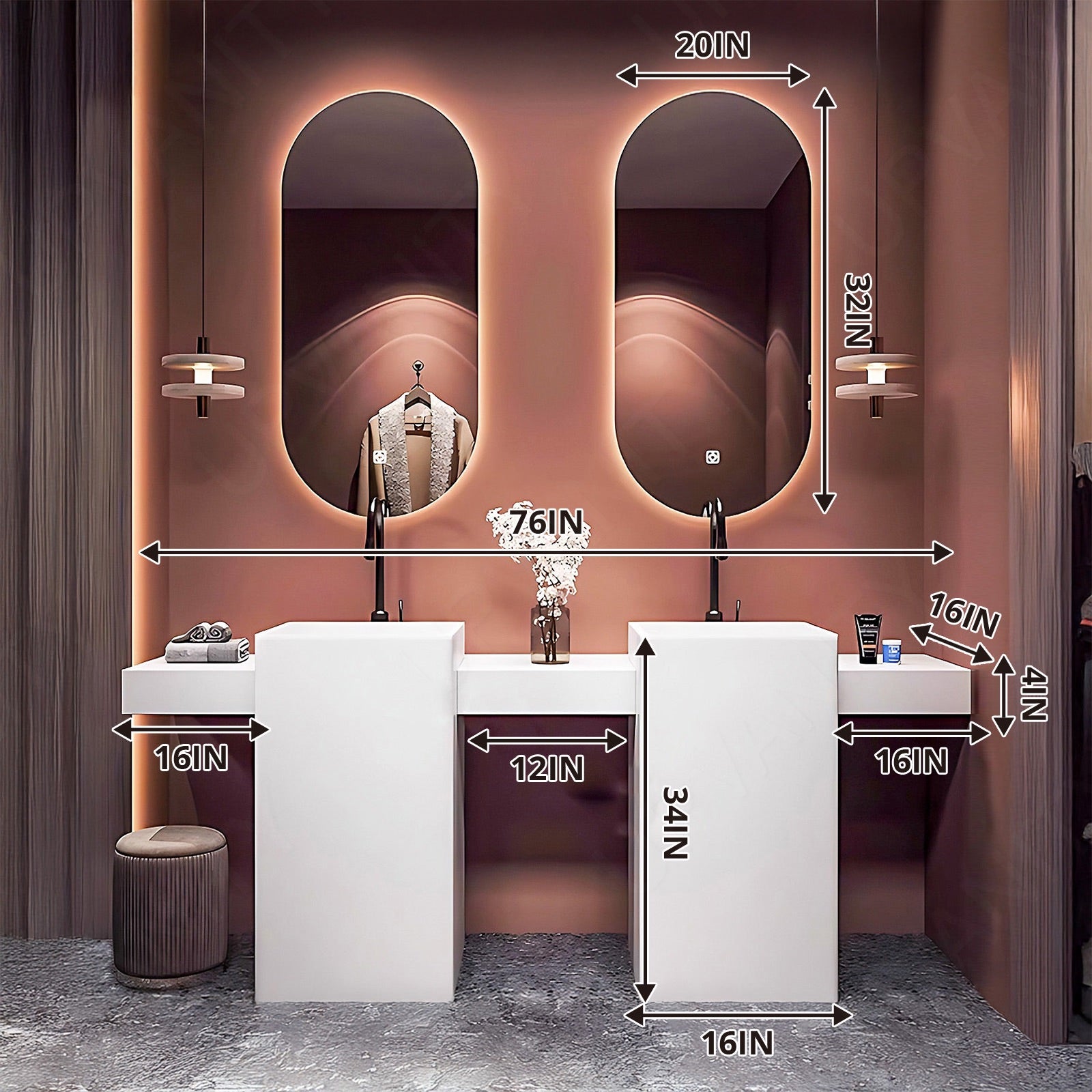 Modern Bath Vanity Set, White, Open Storage, Rounded Edge, 60"- 78", Double, Freestanding, Oval Smart LED Mirror