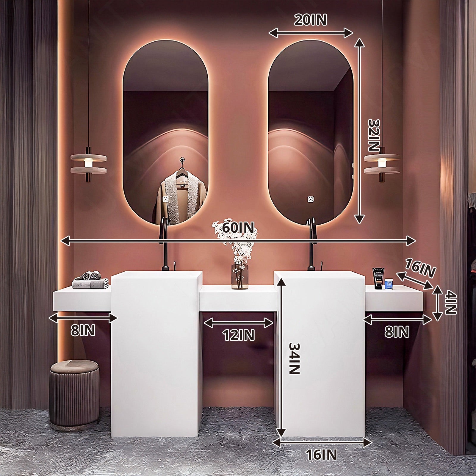 Modern Bath Vanity Set, White, Open Storage, Rounded Edge, 60"- 78", Double, Freestanding, Oval Smart LED Mirror