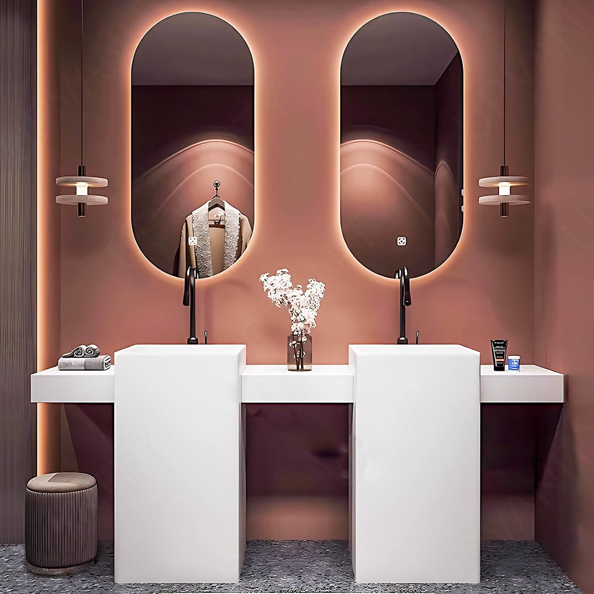 Modern Bath Vanity Set, White, Open Storage, Rounded Edge, 60"- 78", Double, Freestanding, Oval Smart LED Mirror