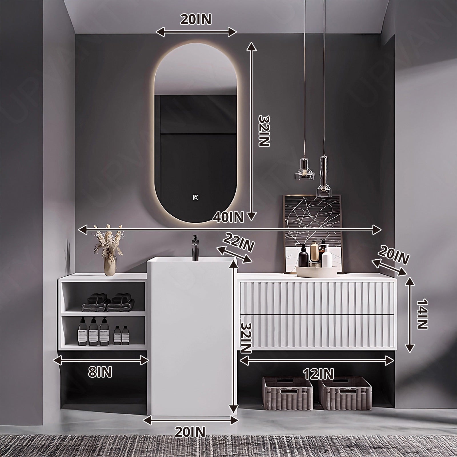 Modern Bath Vanity Set, White, Pedestal Column, 40"- 72", Single, Freestanding, Striped Panel, Oval Smart LED Mirror