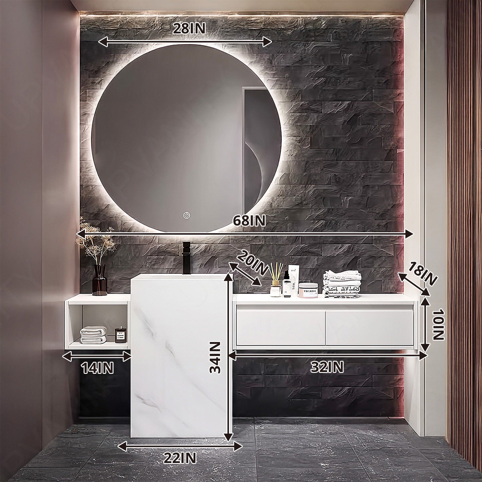 Modern Bath Vanity Set, White, Pedestal Column, 64"- 76", Single, Freestanding, Round Smart LED Mirror