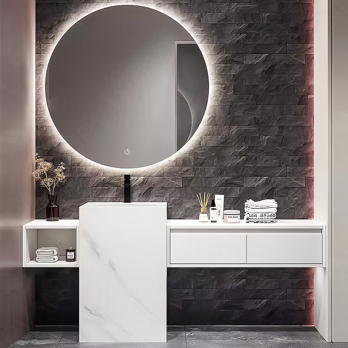 Modern Bath Vanity Set, White, Pedestal Column, 64"- 76", Single, Freestanding, Round Smart LED Mirror