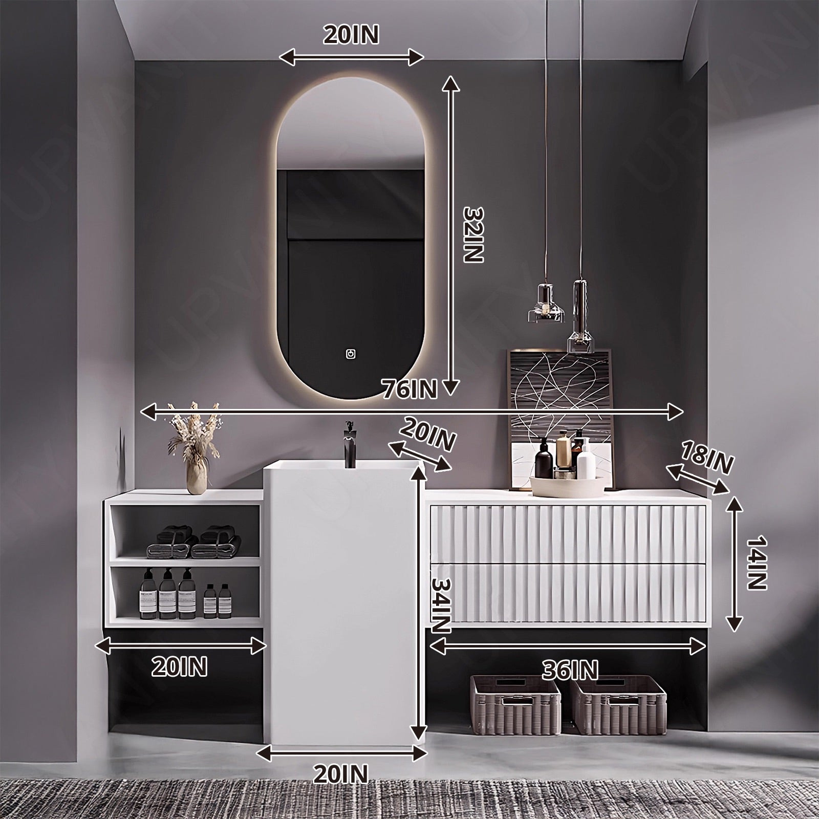 Modern Bath Vanity Set, White, Pedestal Column, 64"- 76", Single, Freestanding, Striped Panel, Oval Smart LED Mirror