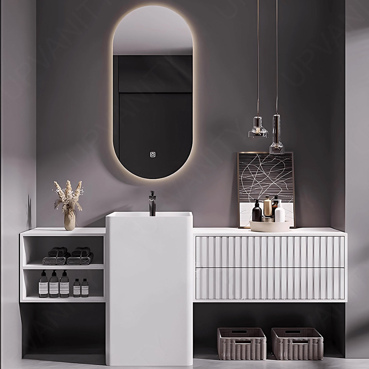 Modern Bath Vanity Set, White, Pedestal Column, 64"- 76", Single, Freestanding, Striped Panel, Oval Smart LED Mirror