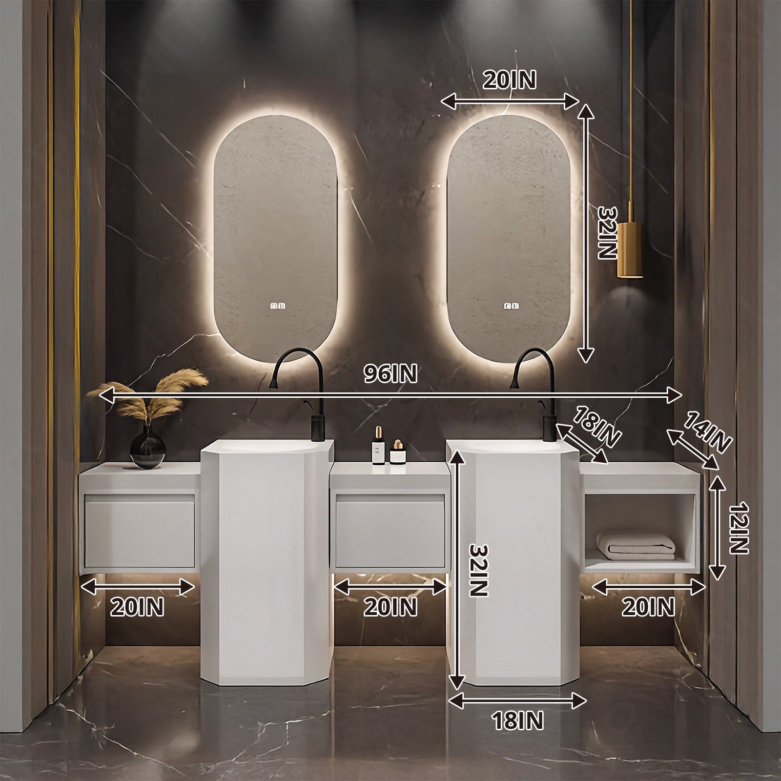 Modern Bath Vanity Set, White, Pedestal Column, 72"- 100", Double, Freestanding, Oval Smart LED Mirror