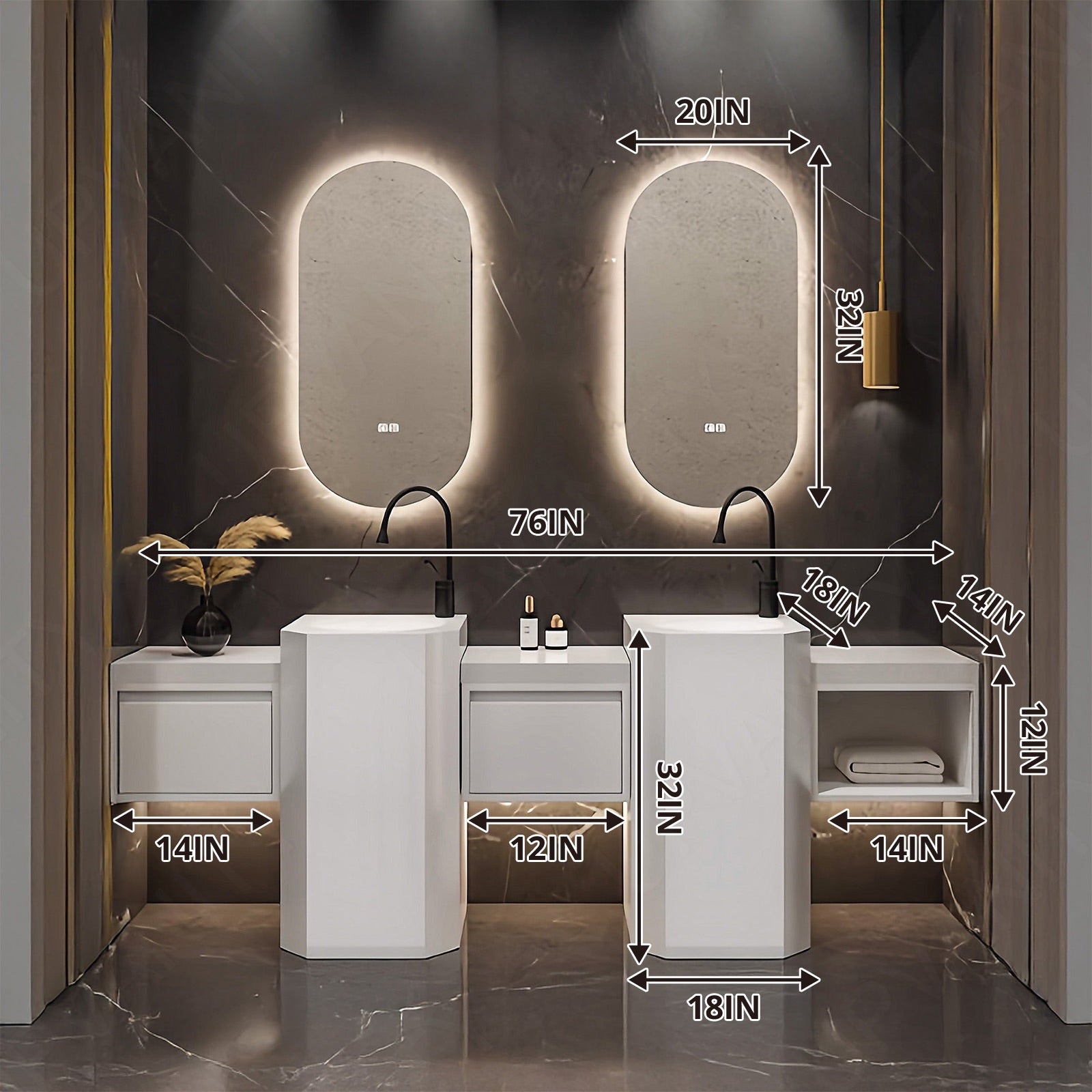 Modern Bath Vanity Set, White, Pedestal Column, 72"- 100", Double, Freestanding, Oval Smart LED Mirror