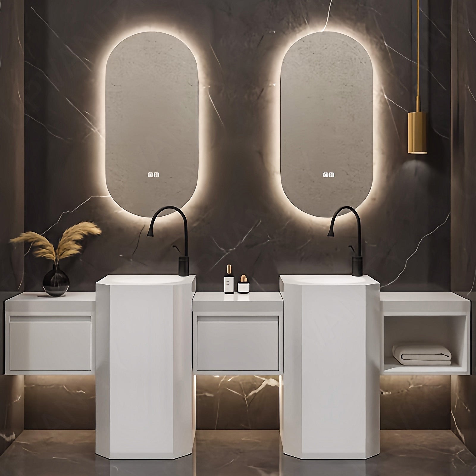 Modern Bath Vanity Set, White, Pedestal Column, 72"- 100", Double, Freestanding, Oval Smart LED Mirror