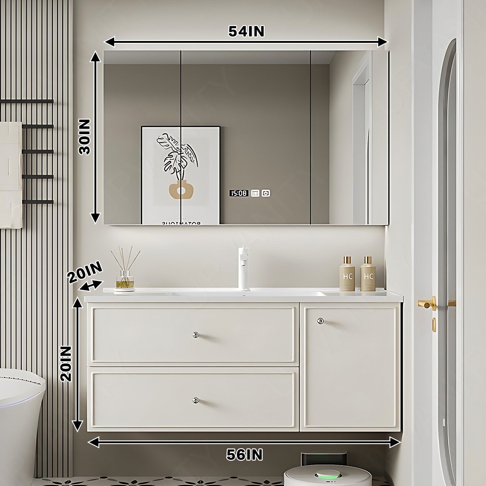 Modern Bath Vanity Set, White, Sectional Storage, 40"- 64", Single, Floating, Smart LED Mirror, Rear Cabinet