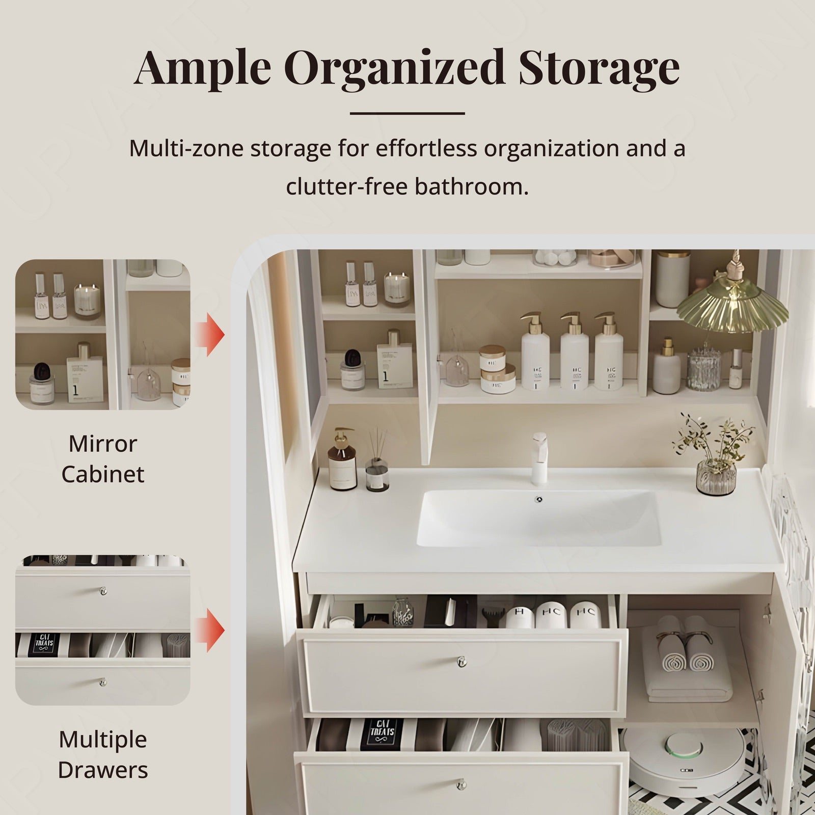 Modern Bath Vanity Set, White, Sectional Storage, 40"- 64", Single, Floating, Smart LED Mirror, Rear Cabinet