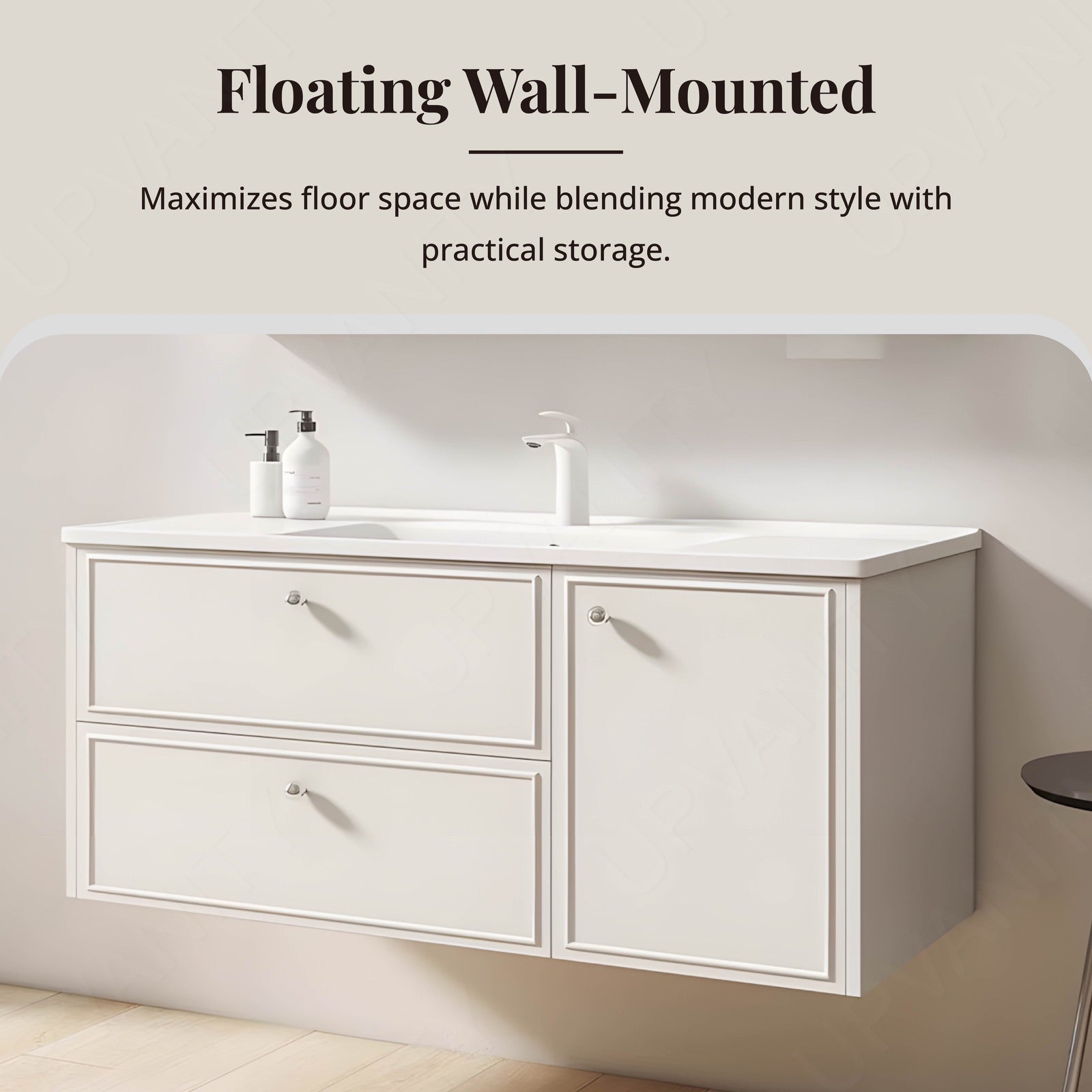 Modern Bath Vanity Set, White, Sectional Storage, 40"- 64", Single, Floating, Smart LED Mirror, Rear Cabinet