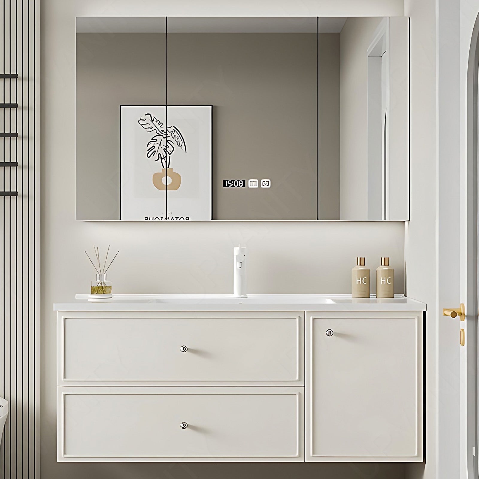 Modern Bath Vanity Set, White, Sectional Storage, 40"- 64", Single, Floating, Smart LED Mirror, Rear Cabinet