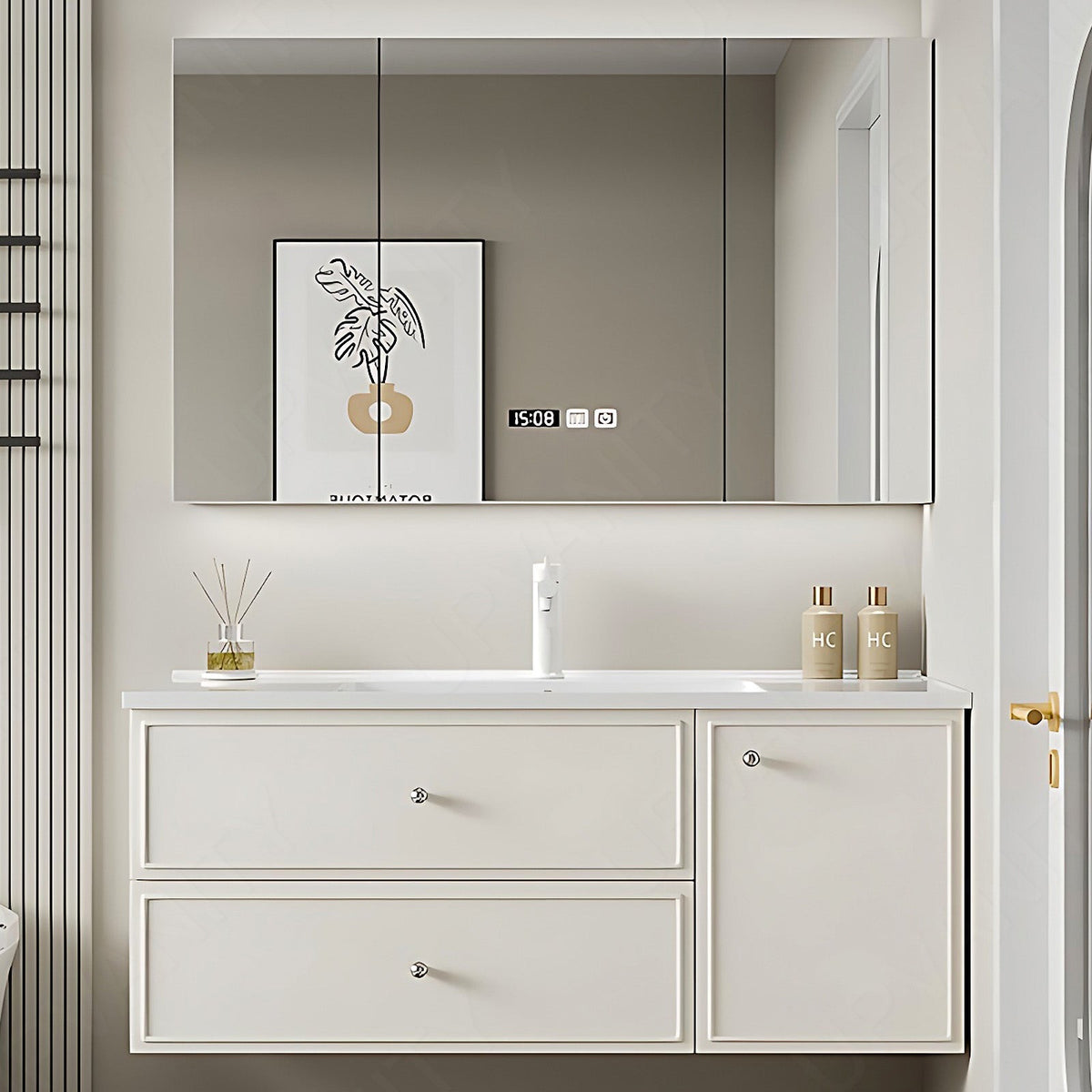 Modern Bath Vanity Set, White, Sectional Storage, 40"- 64", Single, Floating, Smart LED Mirror, Rear Cabinet