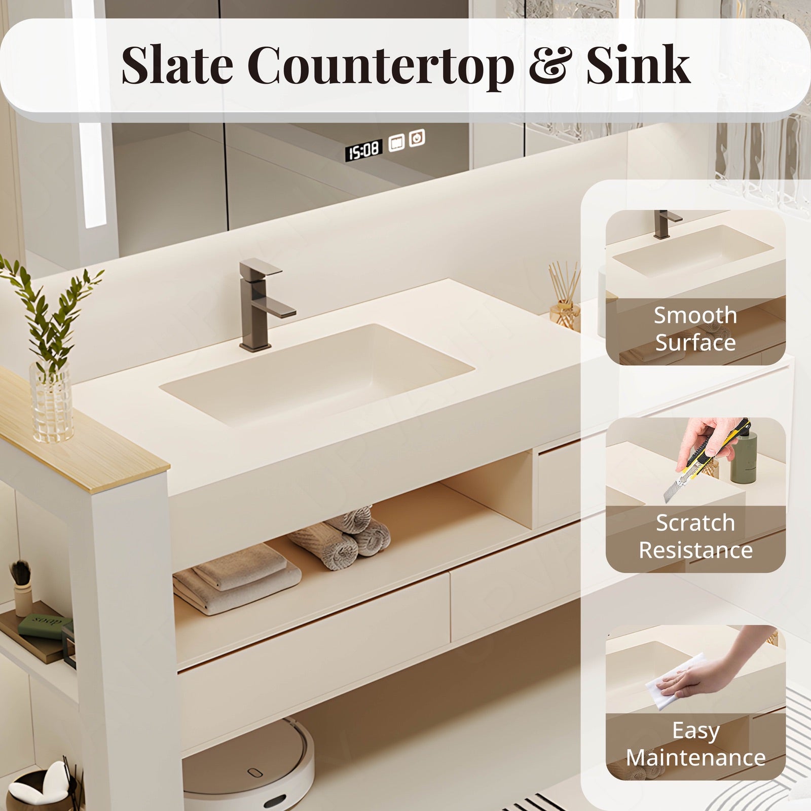 Modern Bath Vanity Set, White, Sectional Storage, 52"-68", Single, Floating, Smart LED Mirror, Rear Cabinet