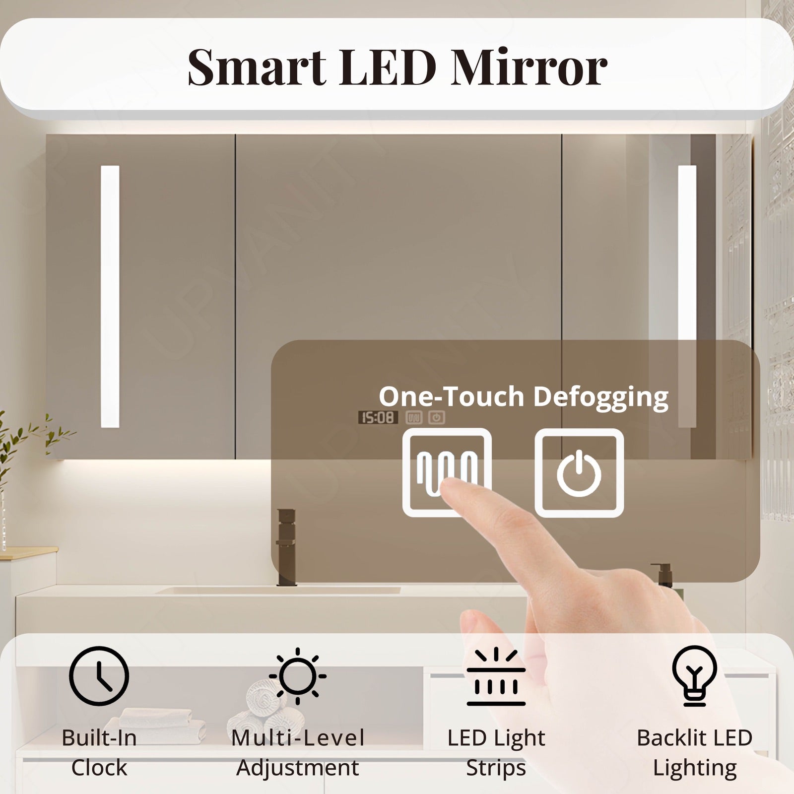 Modern Bath Vanity Set, White, Sectional Storage, 52"-68", Single, Floating, Smart LED Mirror, Rear Cabinet