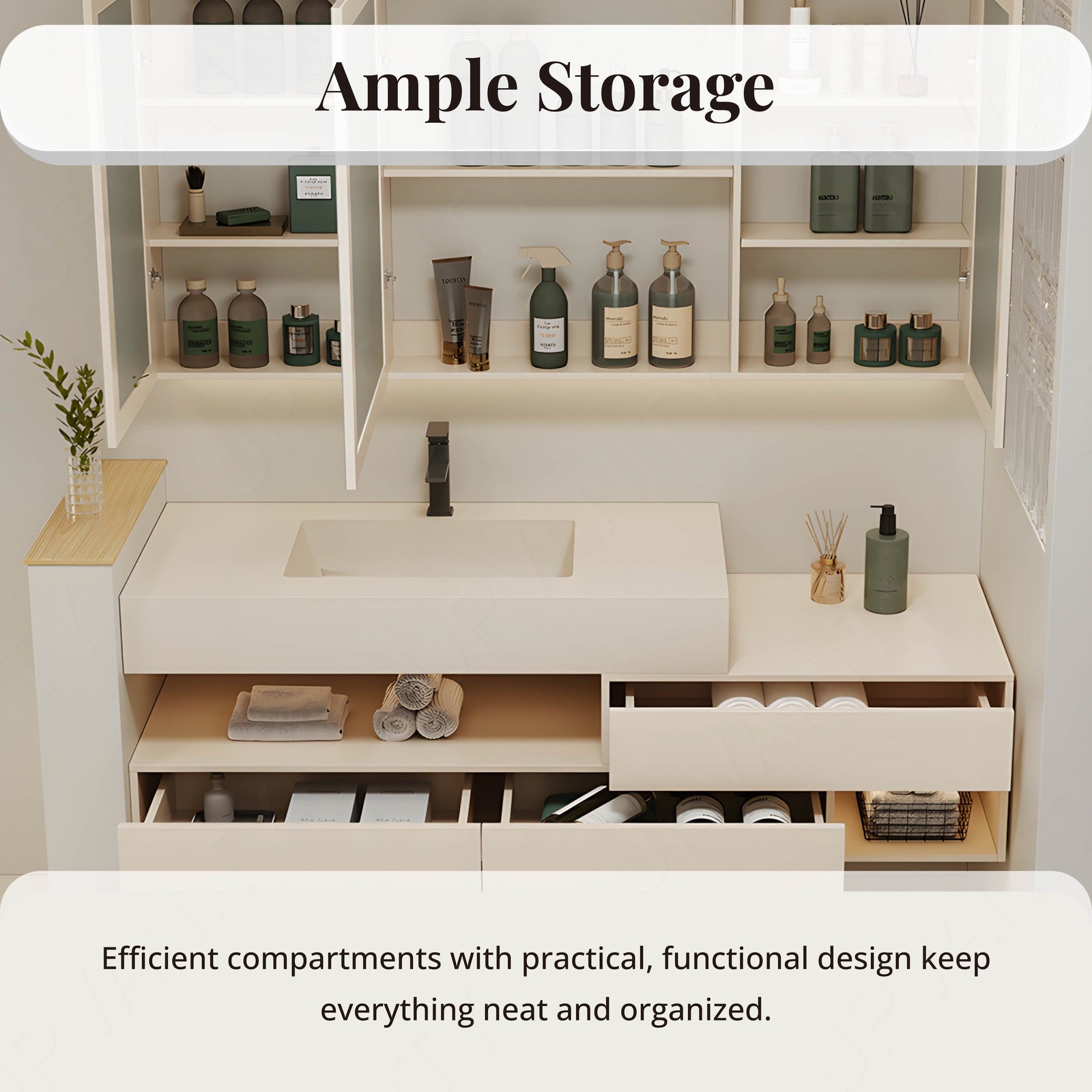 Modern Bath Vanity Set, White, Sectional Storage, 52"-68", Single, Floating, Smart LED Mirror, Rear Cabinet