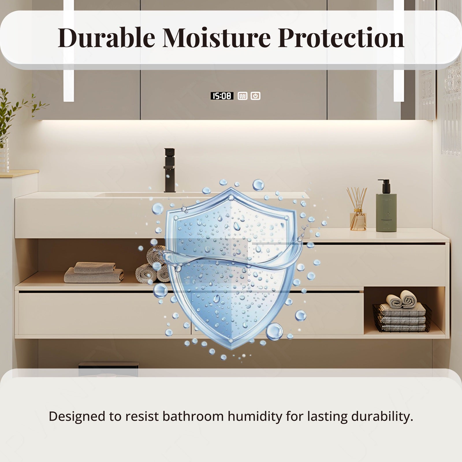 Modern Bath Vanity Set, White, Sectional Storage, 52"-68", Single, Floating, Smart LED Mirror, Rear Cabinet