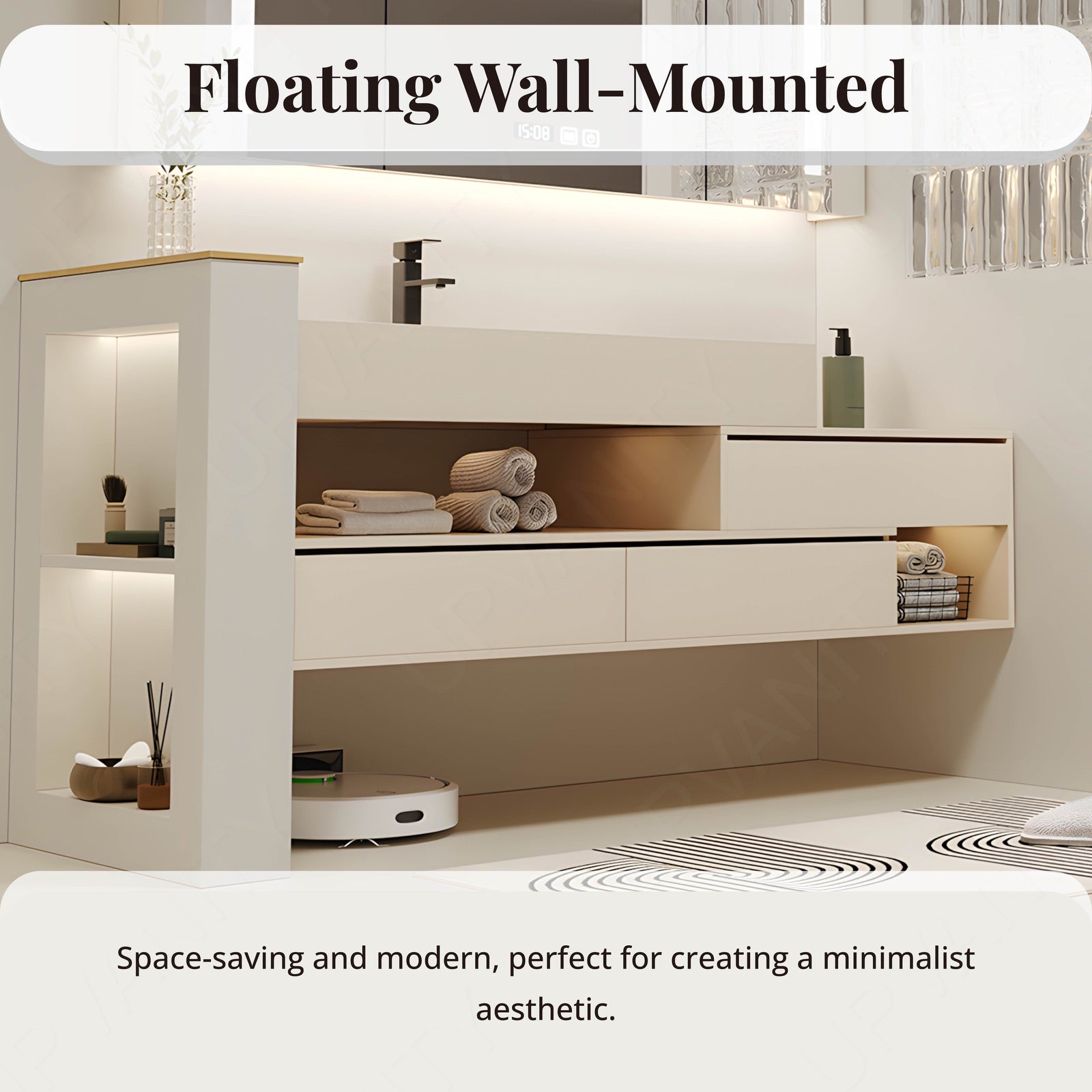 Modern Bath Vanity Set, White, Sectional Storage, 52"-68", Single, Floating, Smart LED Mirror, Rear Cabinet