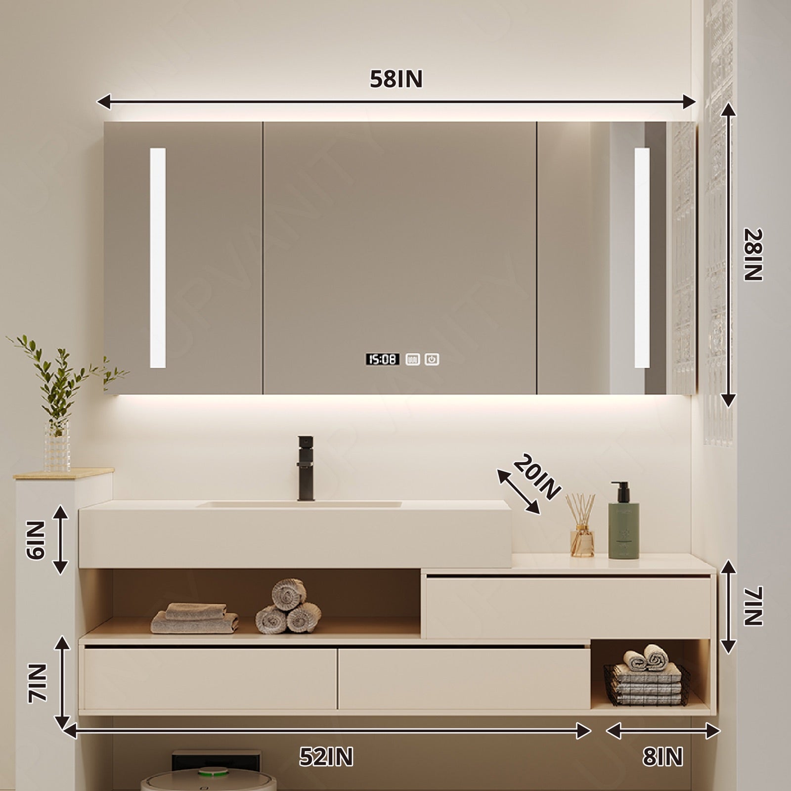 Modern Bath Vanity Set, White, Sectional Storage, 52"-68", Single, Floating, Smart LED Mirror, Rear Cabinet