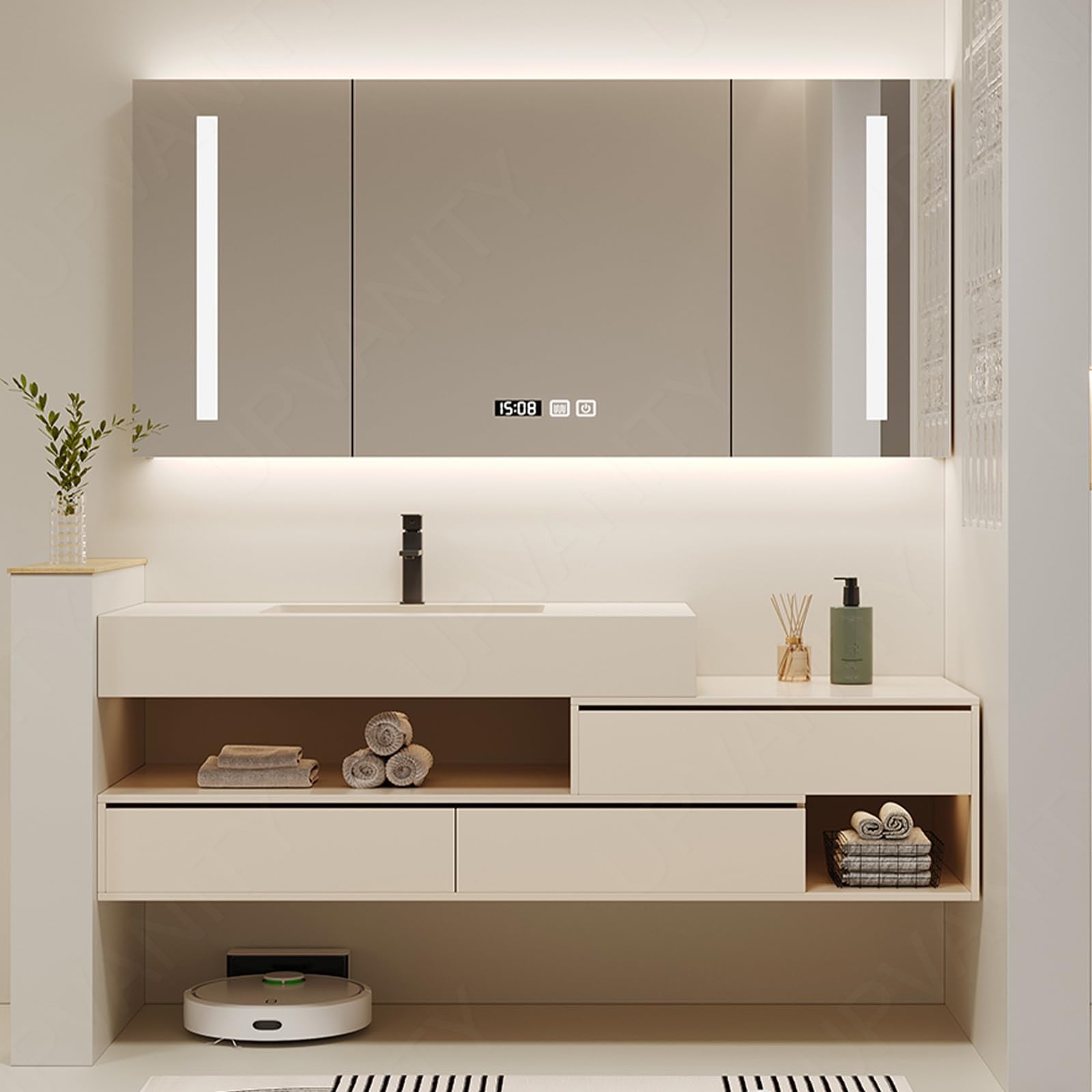 Modern Bath Vanity Set, White, Sectional Storage, 52"-68", Single, Floating, Smart LED Mirror, Rear Cabinet
