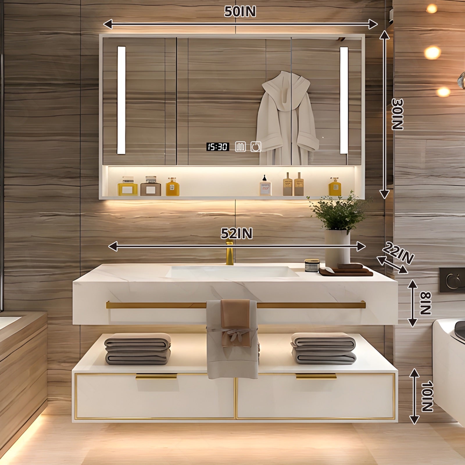 Modern Bath Vanity Set, White, Split White Top, 32"- 78", Single/Double, Floating, Smart LED Mirror, Rear Cabinet