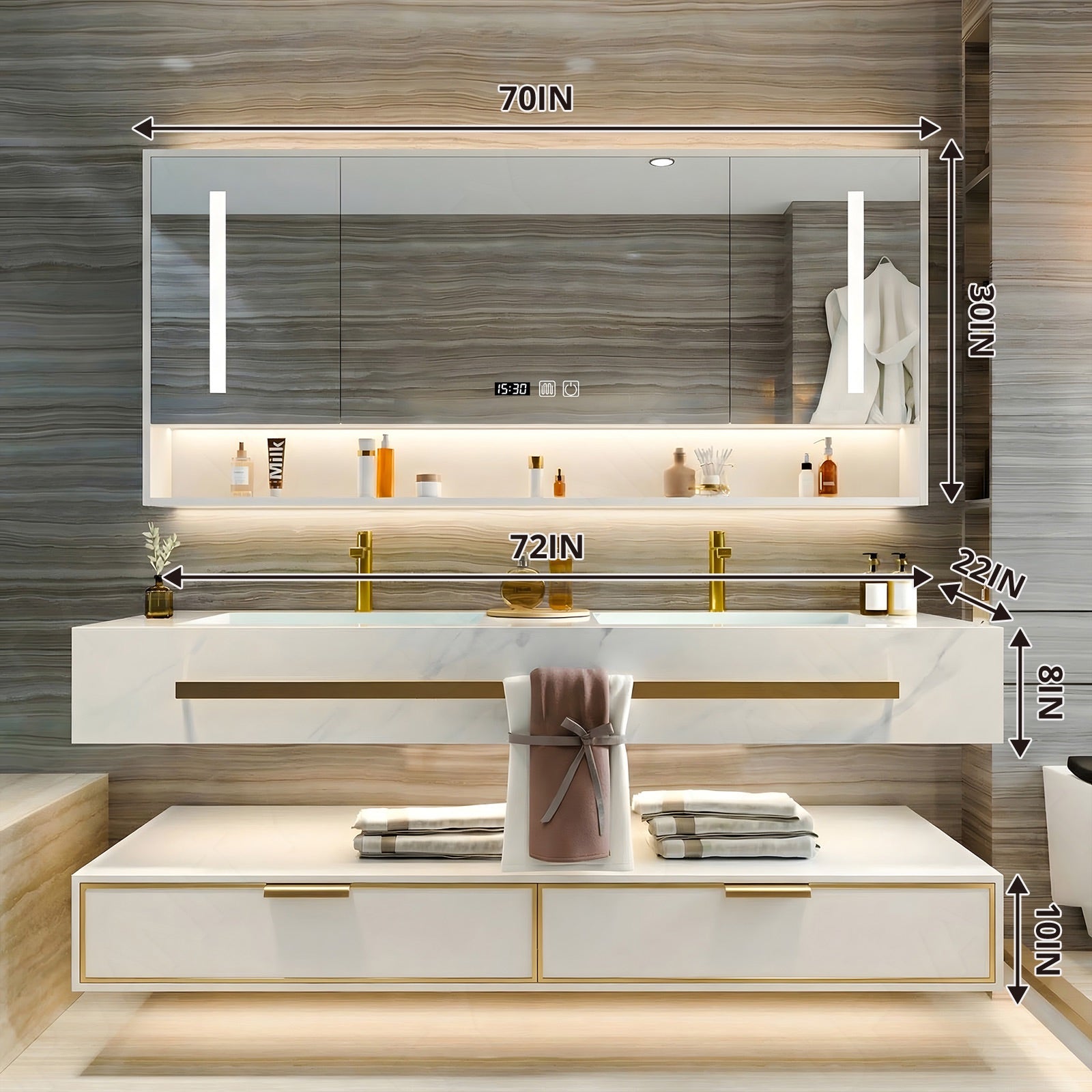 Modern Bath Vanity Set, White, Split White Top, 32"- 78", Single/Double, Floating, Smart LED Mirror, Rear Cabinet