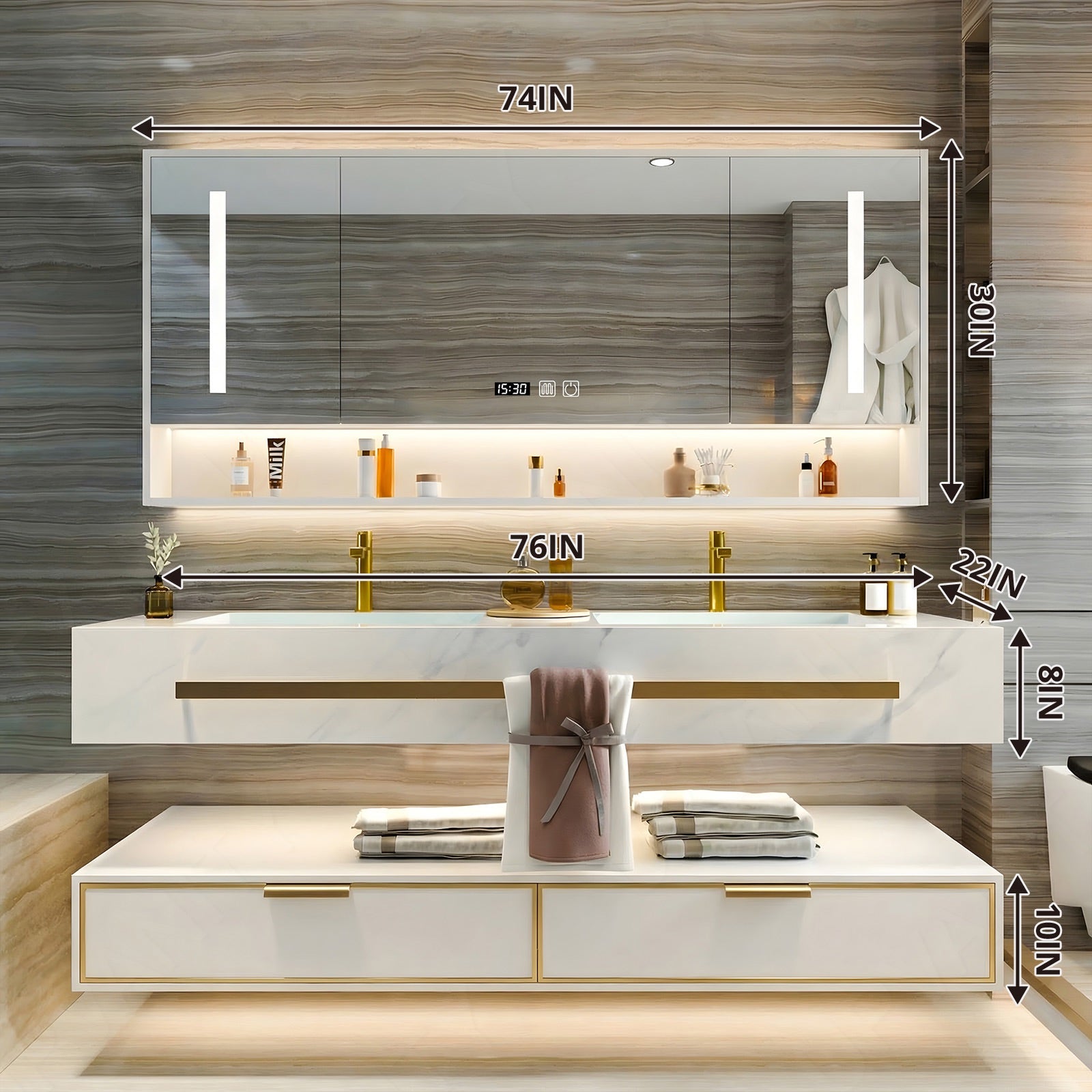 Modern Bath Vanity Set, White, Split White Top, 32"- 78", Single/Double, Floating, Smart LED Mirror, Rear Cabinet