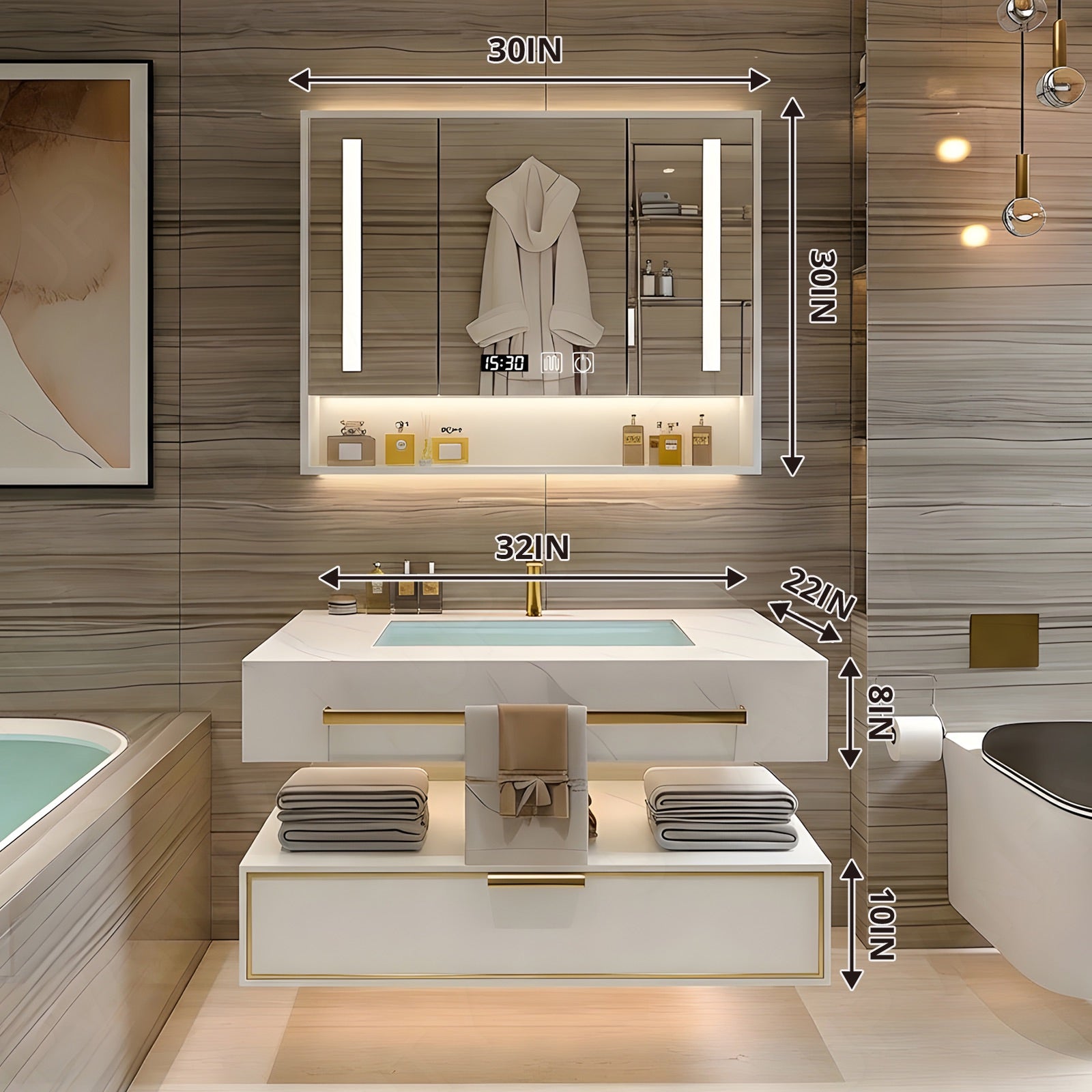 Modern Bath Vanity Set, White, Split White Top, 32"- 78", Single/Double, Floating, Smart LED Mirror, Rear Cabinet