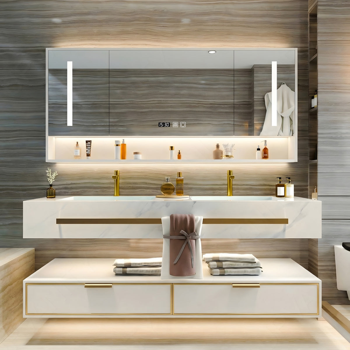 Modern Bath Vanity Set, White, Split White Top, 32"- 78", Single/Double, Floating, Smart LED Mirror, Rear Cabinet