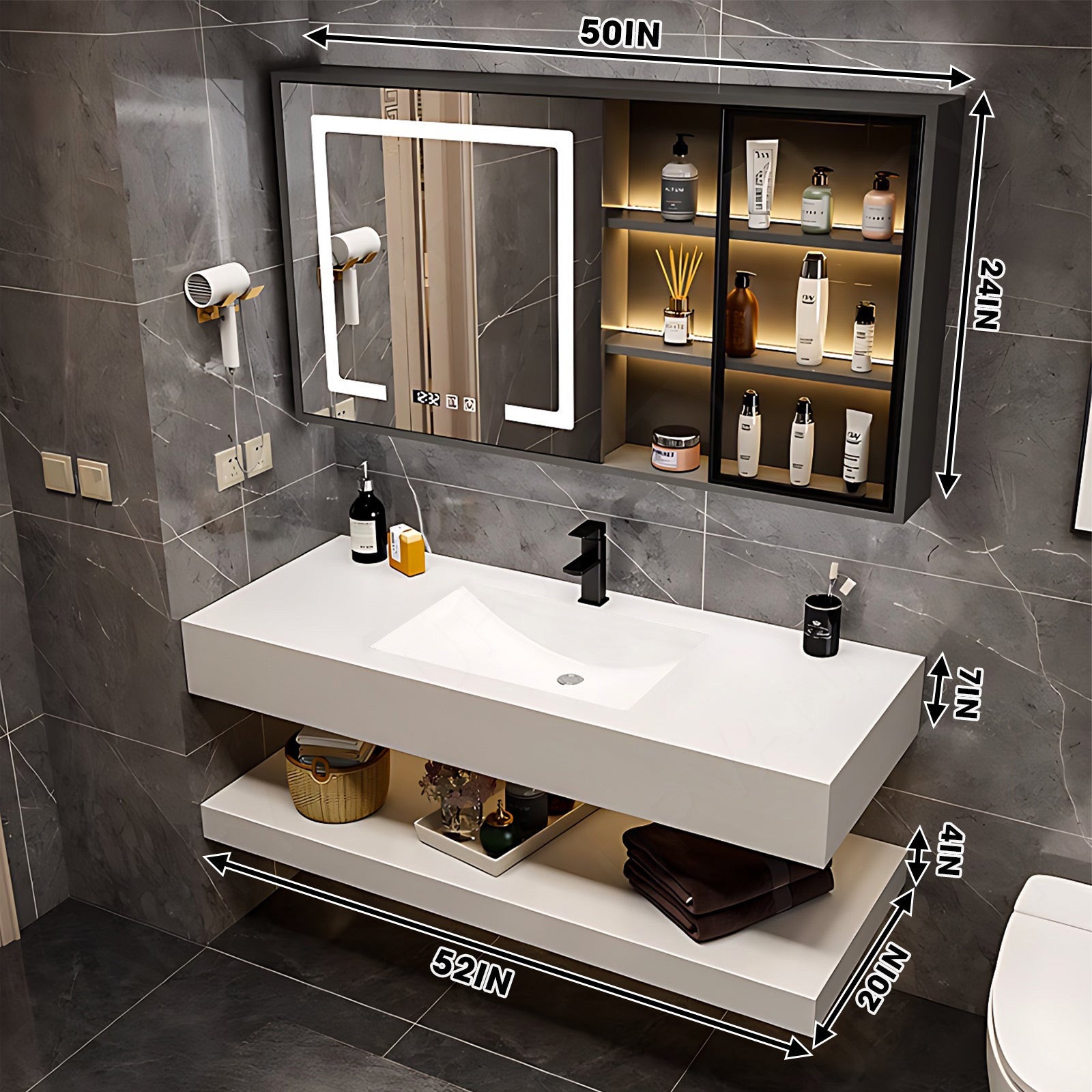 Modern Bath Vanity Set, White, Split White Top, 36"- 52", Single, Floating, Smart LED Mirror, Rear/Side Cabinet