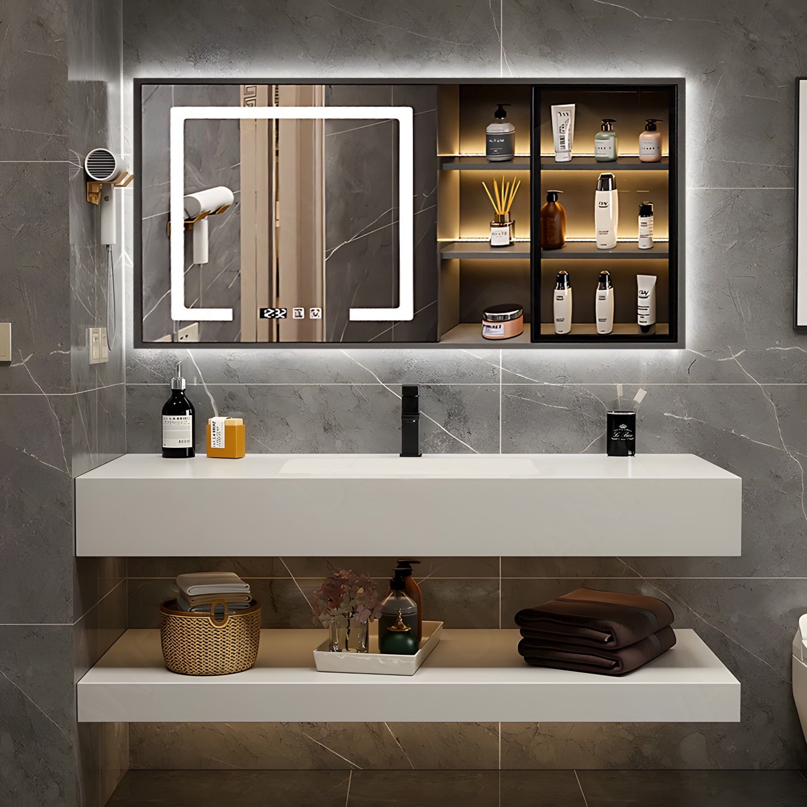 Modern Bath Vanity Set, White, Split White Top, 36"- 52", Single, Floating, Smart LED Mirror, Rear/Side Cabinet