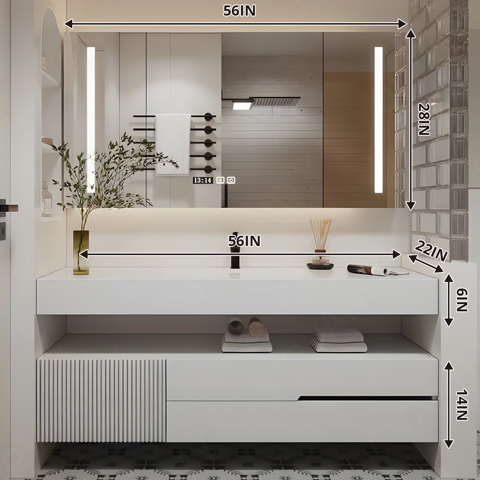 Modern Bath Vanity Set, White, Split White Top, 40"-64", Single, Floating, Striped Panel, Smart LED Mirror, Rear Cabinet