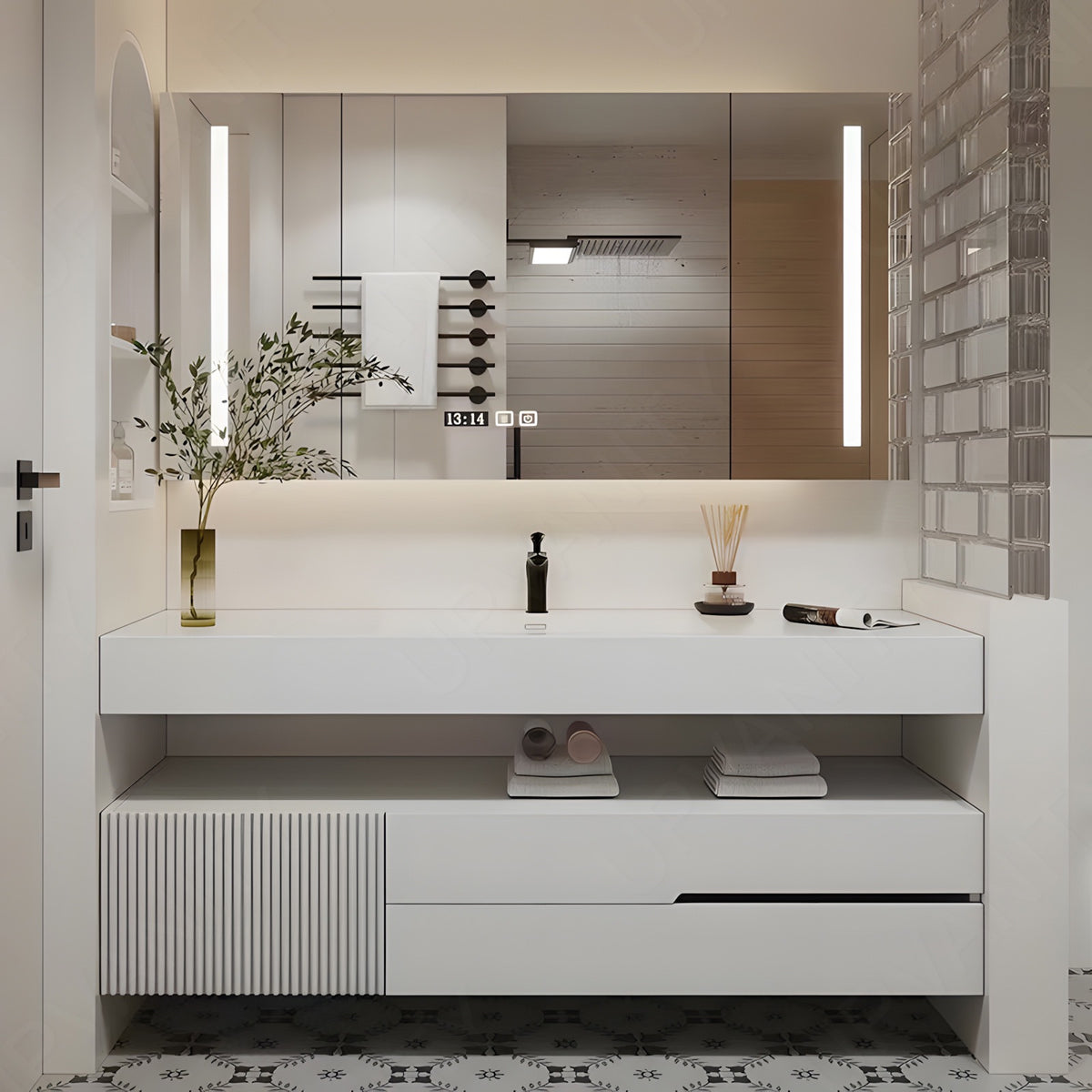 Modern Bath Vanity Set, White, Split White Top, 40"-64", Single, Floating, Striped Panel, Smart LED Mirror, Rear Cabinet