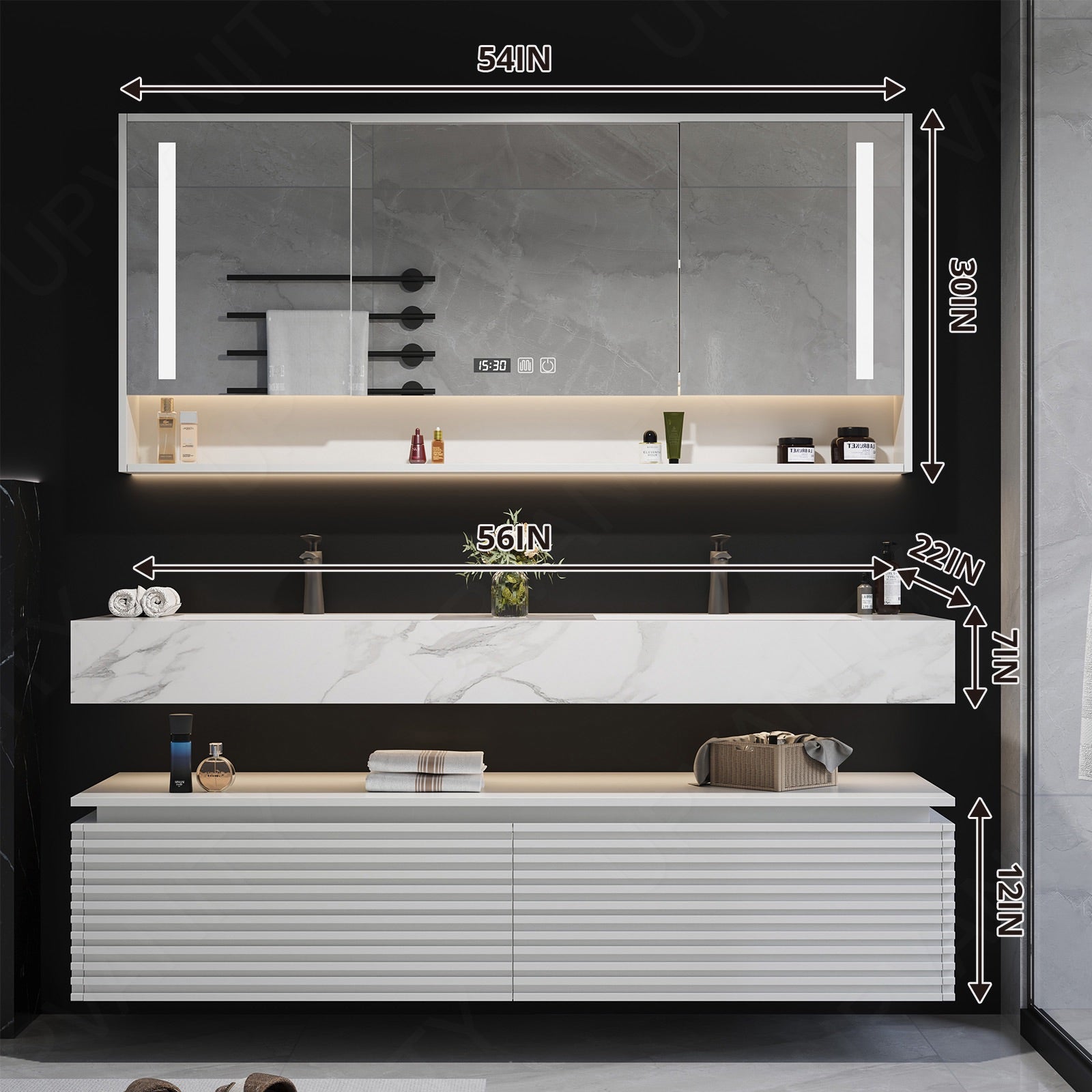Modern Bath Vanity Set, White, Split White Top, 52"- 78", Double, Floating, Striped Panel, Smart LED Mirror, Rear Cabinet