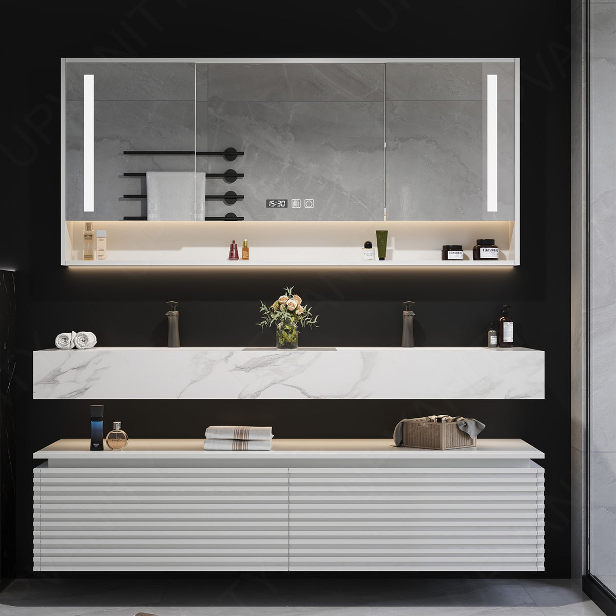Modern Bath Vanity Set, White, Split White Top, 52"- 78", Double, Floating, Striped Panel, Smart LED Mirror, Rear Cabinet
