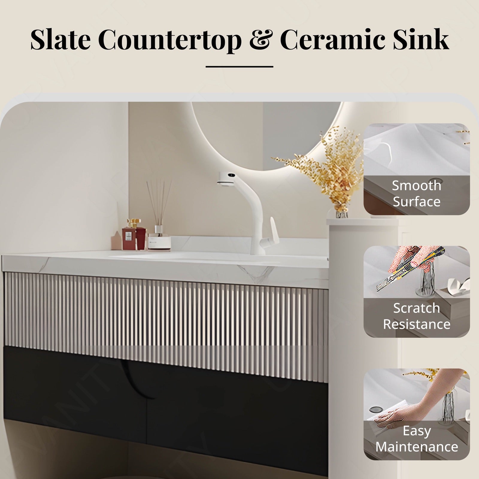 Modern Bath Vanity Set, White, Striped Panel, 40"- 64", Single, Floating, Oval Smart LED Mirror