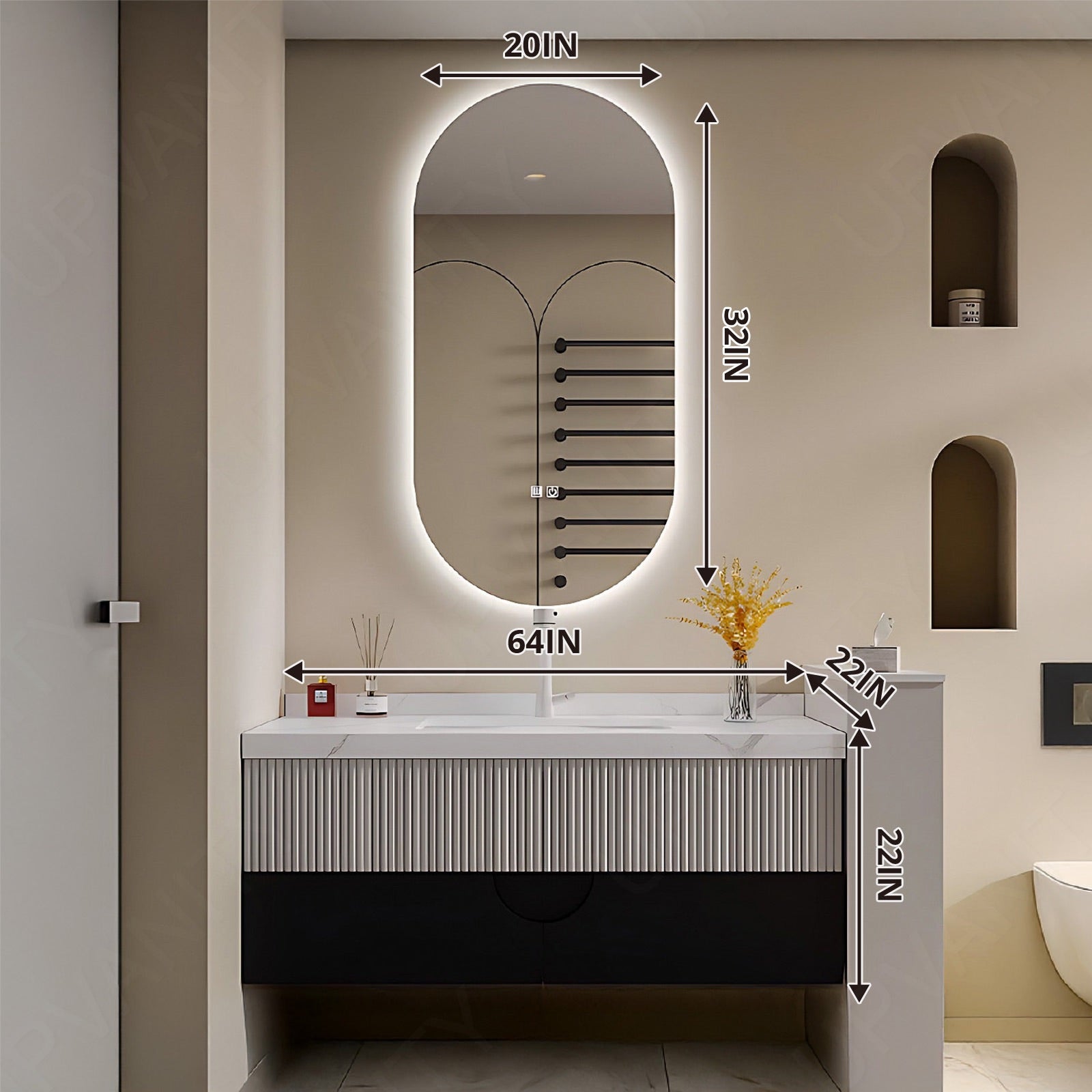 Modern Bath Vanity Set, White, Striped Panel, 40"- 64", Single, Floating, Oval Smart LED Mirror