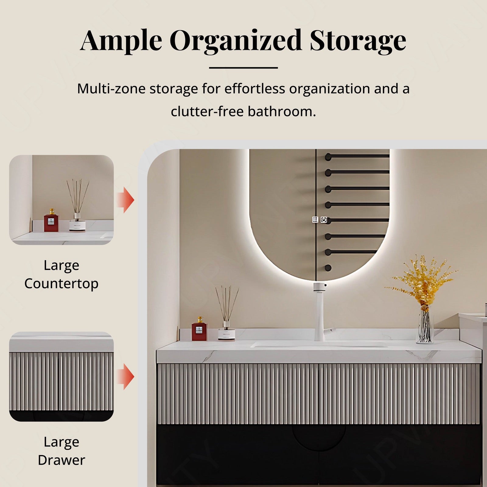 Modern Bath Vanity Set, White, Striped Panel, 40"- 64", Single, Floating, Oval Smart LED Mirror