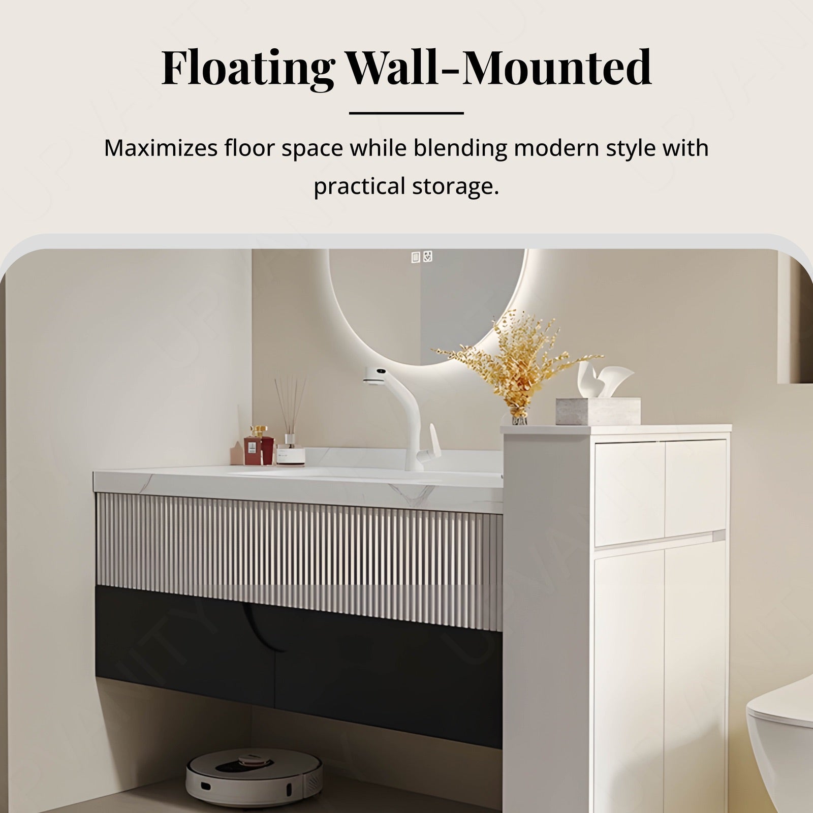 Modern Bath Vanity Set, White, Striped Panel, 40"- 64", Single, Floating, Oval Smart LED Mirror