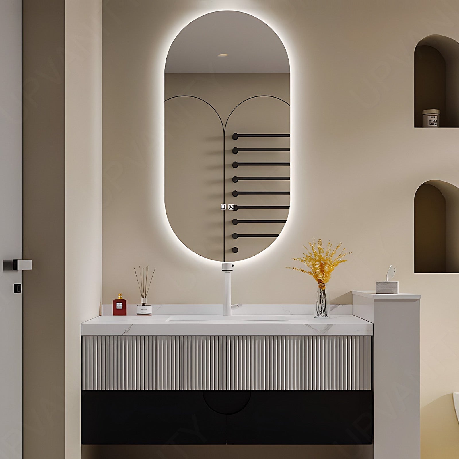 Modern Bath Vanity Set, White, Striped Panel, 40"- 64", Single, Floating, Oval Smart LED Mirror
