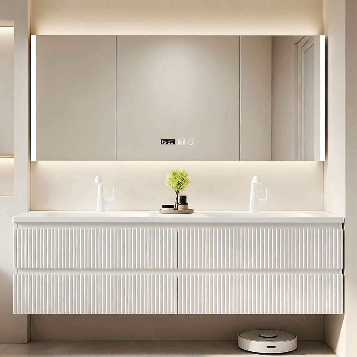 Modern Bath Vanity Set, White, Striped Panel, 52"- 78", Double, Floating, Smart LED Mirror, Rear Cabinet