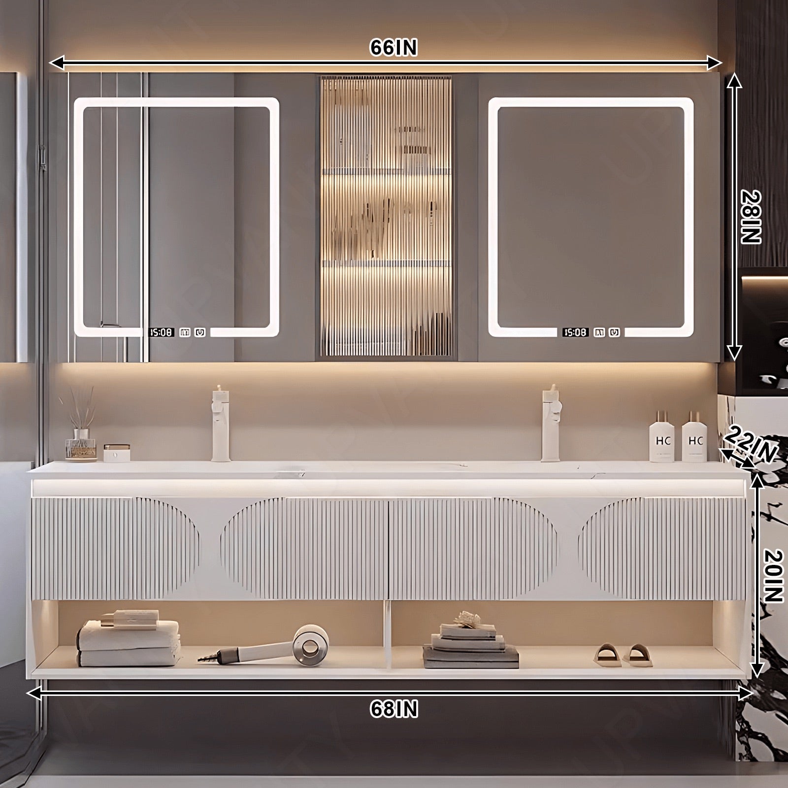 Modern Bath Vanity Set, White, Striped Panel, Glass Door, 52"- 78", Double, Floating, Smart LED Mirror, Rear Cabinet