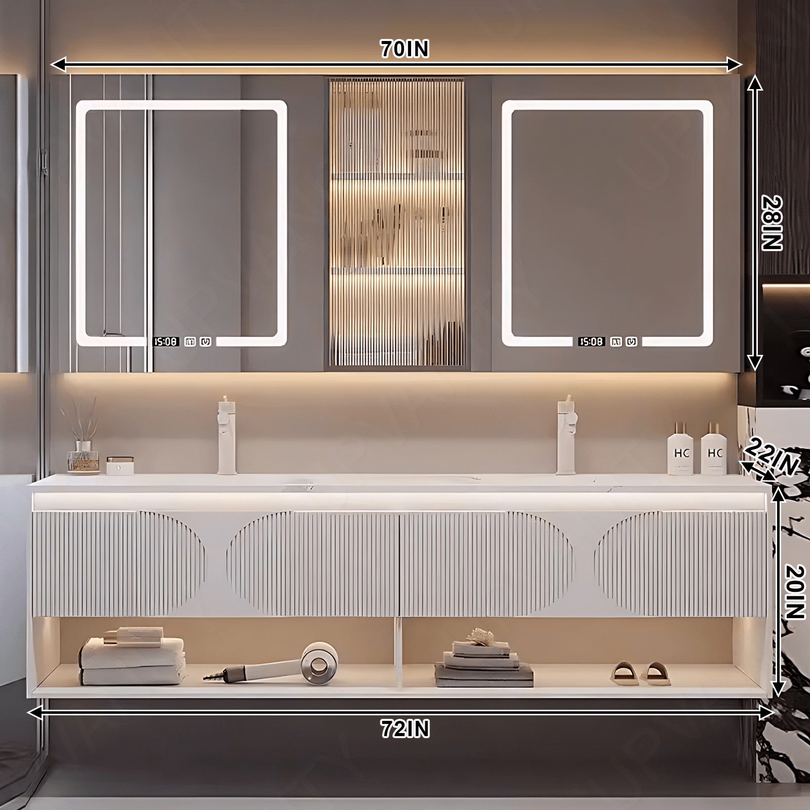 Modern Bath Vanity Set, White, Striped Panel, Glass Door, 52"- 78", Double, Floating, Smart LED Mirror, Rear Cabinet