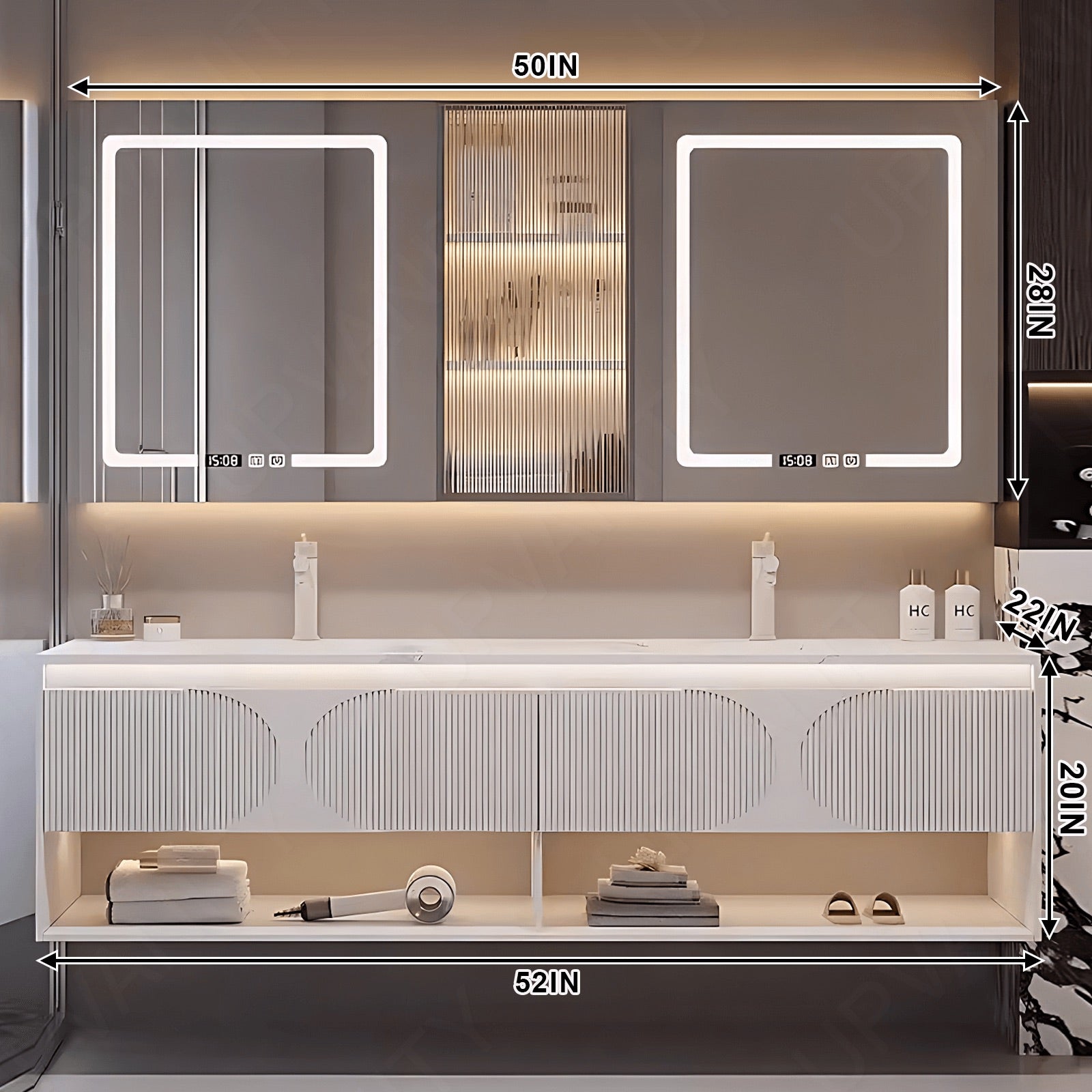 Modern Bath Vanity Set, White, Striped Panel, Glass Door, 52"- 78", Double, Floating, Smart LED Mirror, Rear Cabinet