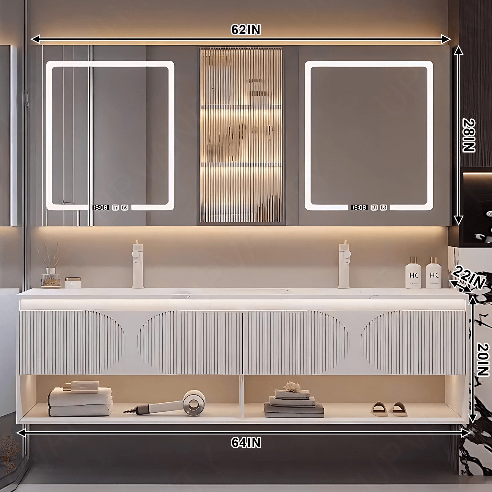 Modern Bath Vanity Set, White, Striped Panel, Glass Door, 52"- 78", Double, Floating, Smart LED Mirror, Rear Cabinet