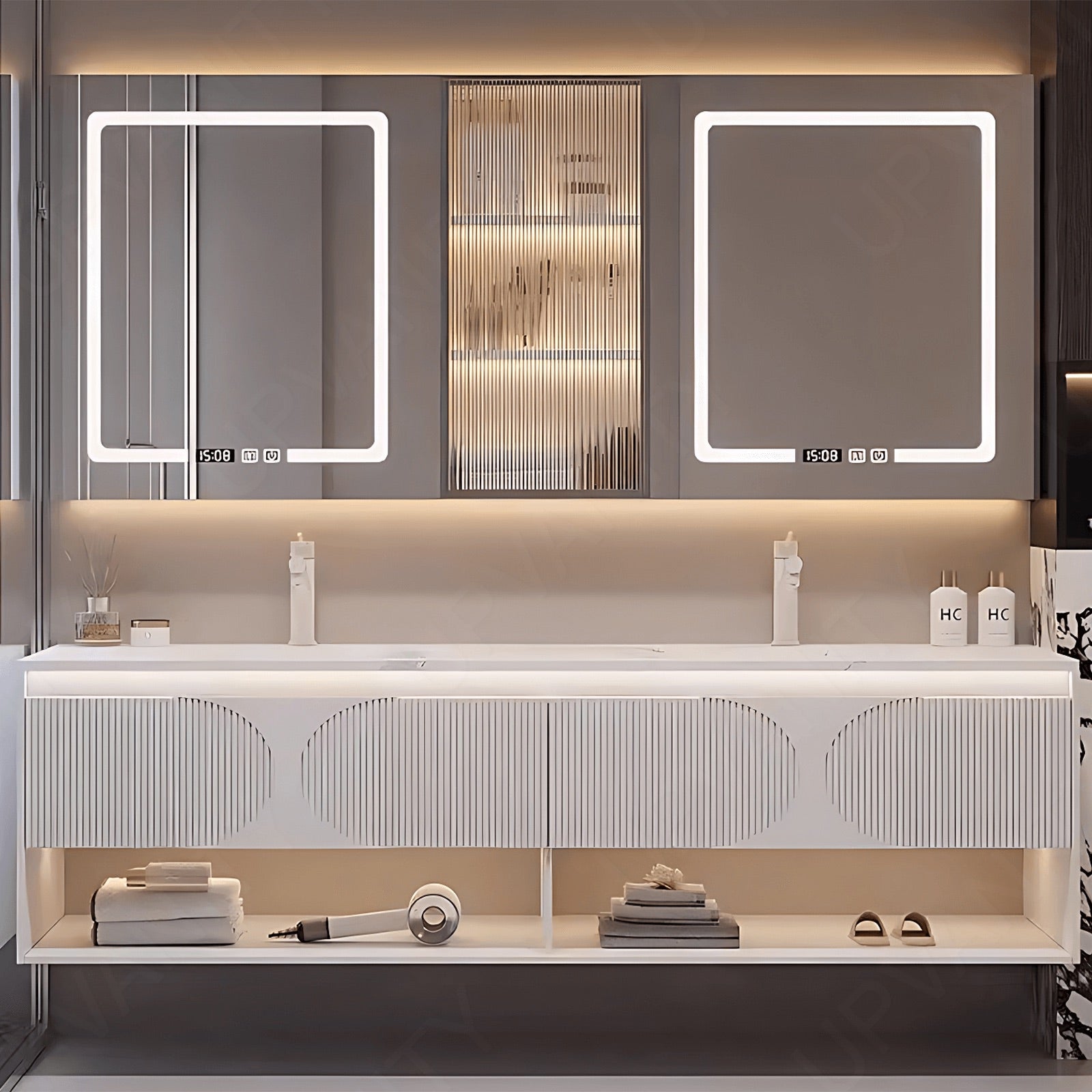 Modern Bath Vanity Set, White, Striped Panel, Glass Door, 52"- 78", Double, Floating, Smart LED Mirror, Rear Cabinet